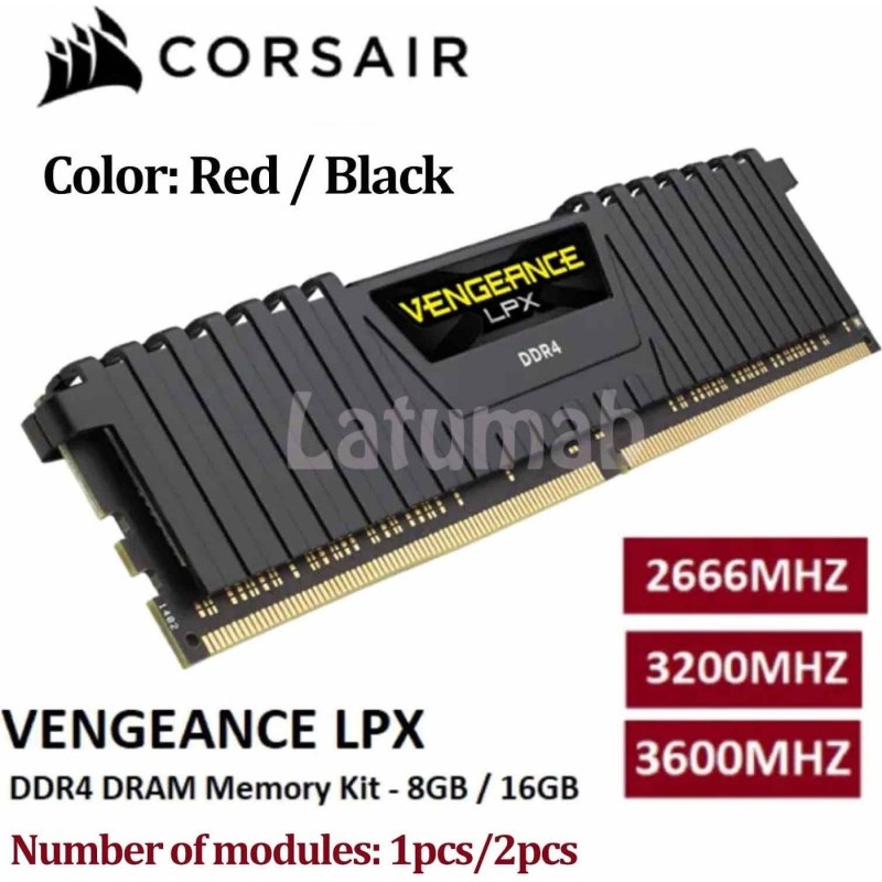رم کامپیوتر کورسیر تک کاناله مدل Vengeance LPX فرکانس 3200 مگاهرتز DDR4 تایمینگ CL16 حافظه 8 گیگابایت