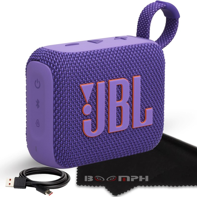اسپیکر بلوتوثی کوچک JBL Go 4 در کنار جعبه و کابل شارژ USB-C